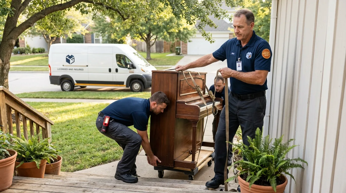 Licensed piano movers securing grand piano in Holland, NY