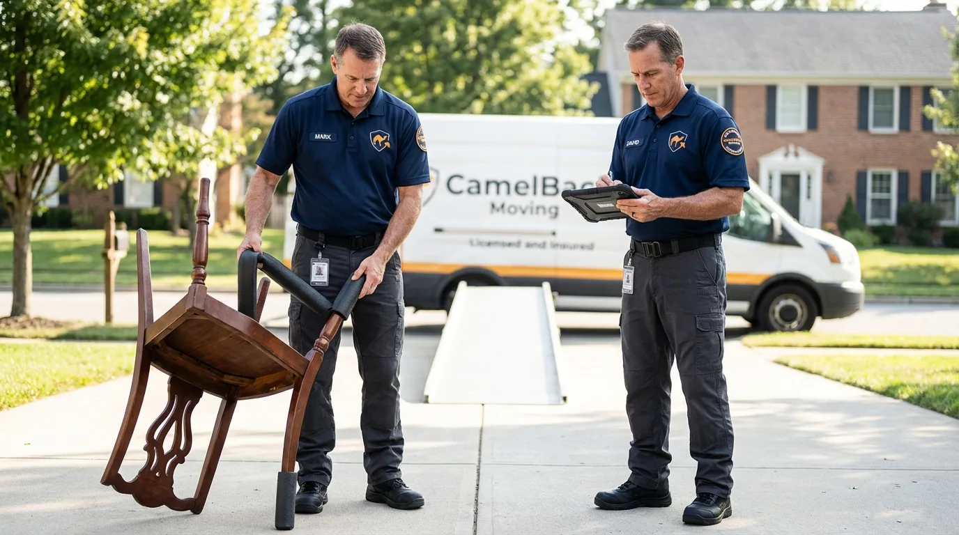 Movers inspecting furniture for damage prevention before loading in Holland, NY